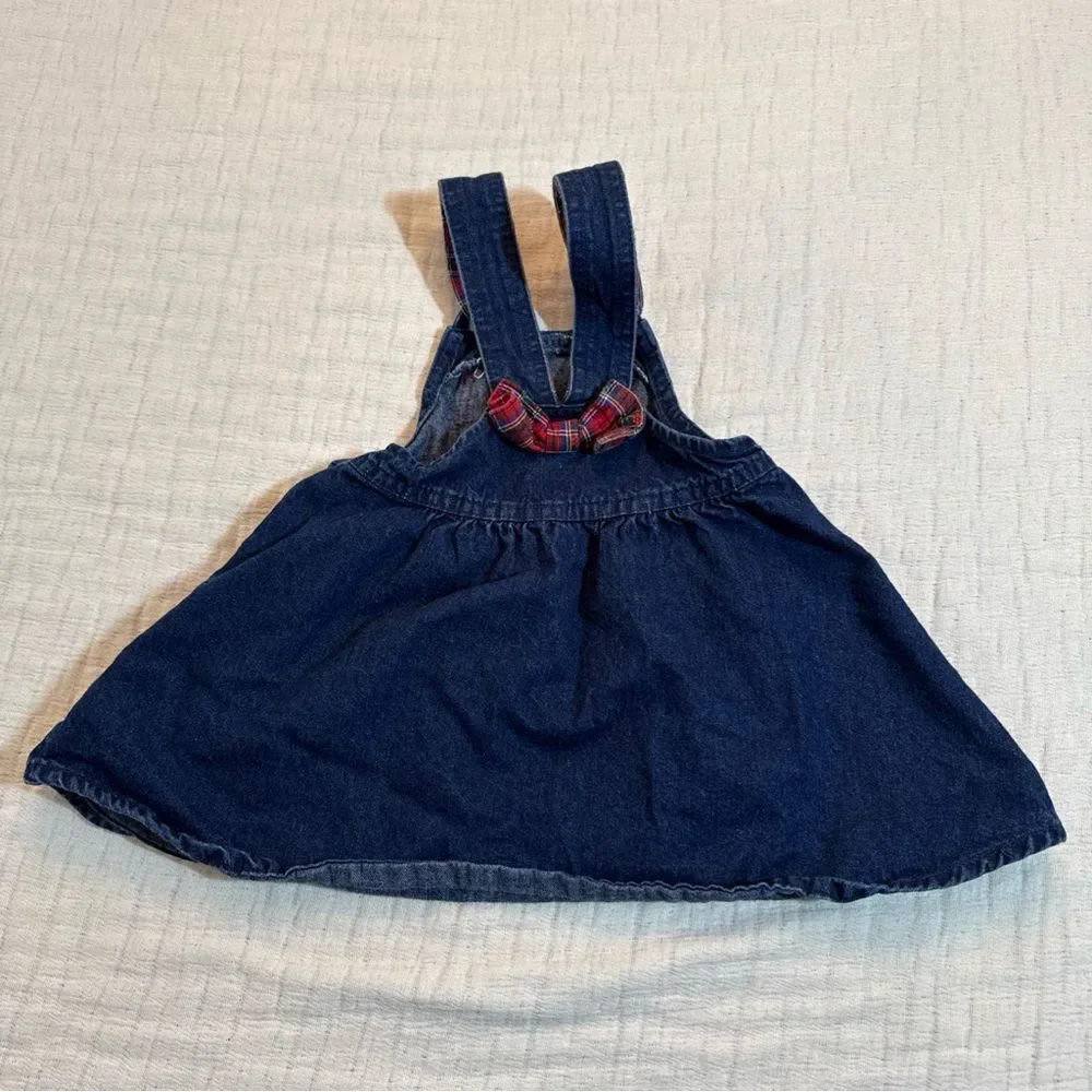 Vintage OshKosh B’Gosh Girl’s Blue Denim Dress Red Check Bow Sz 3T USA